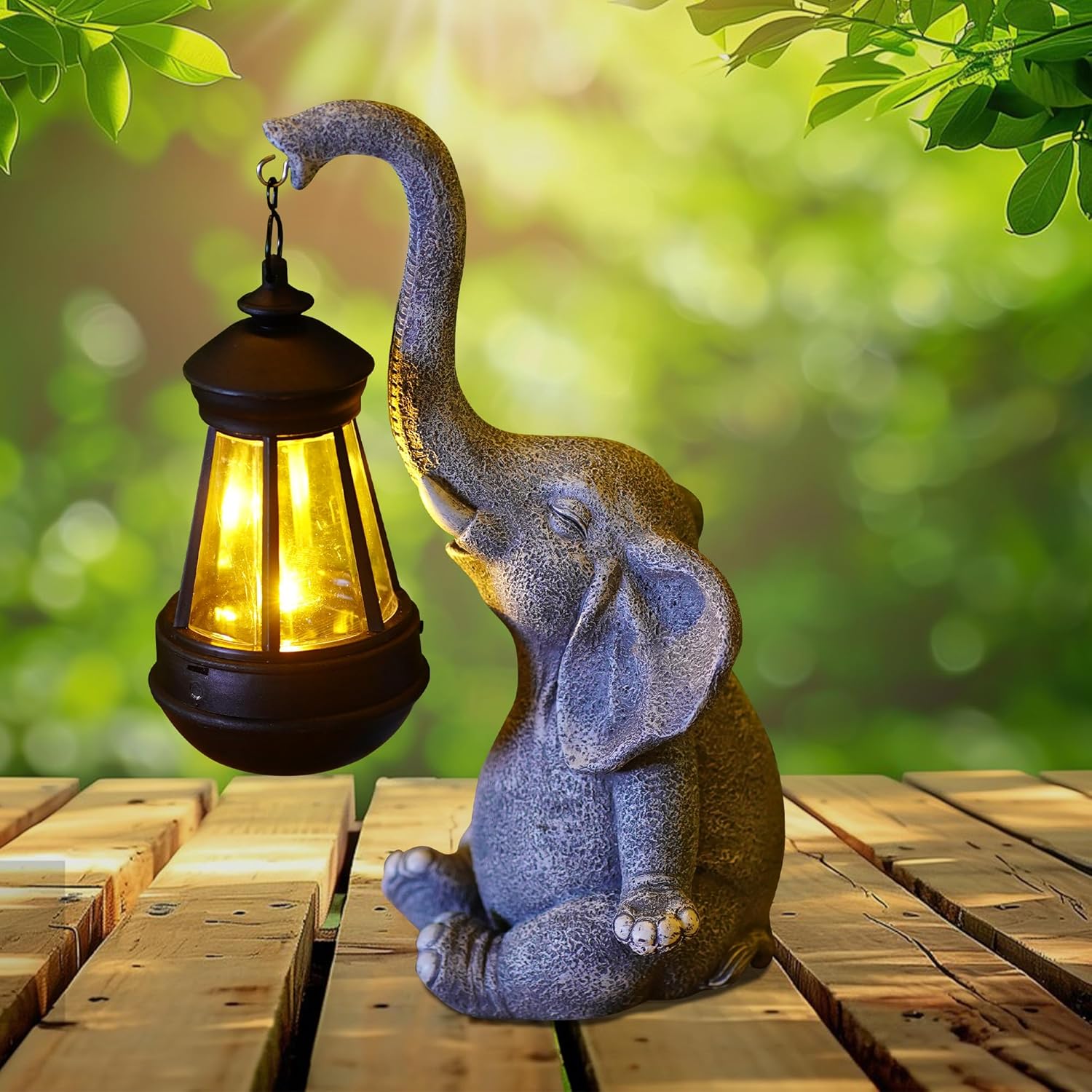 Smart Garden Ornaments - 1PC 樹脂製象の庭の置物 ソーラーランタンライト付き かわいい象の置物 屋外装飾飾り 庭の芝生パティオ用