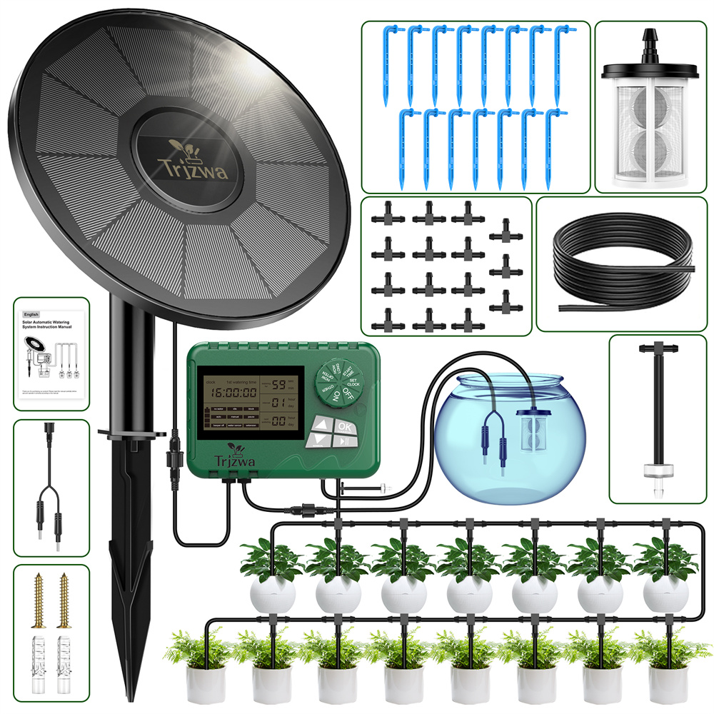 Smart Garden Kitchen - スマートタイマーと水不足警告機能付きソーラードリップ灌漑システム、15mホースと15個のドリップヘッド付き自動散水キット、植物/野菜/樹木に最適
