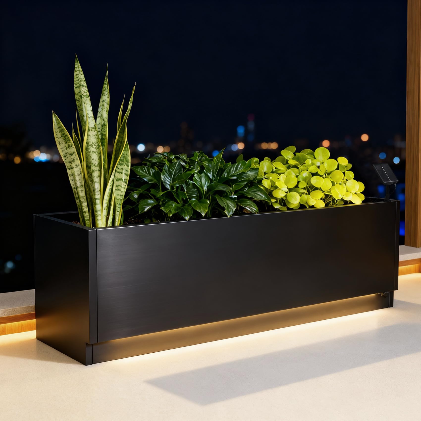 Smart Garden Box - 47x16 LEDメタルプランターボックス（ライトストリップ＆コントローラー付き）、排水穴付きレイズドガーデンベッド（パティオヤード装飾用）