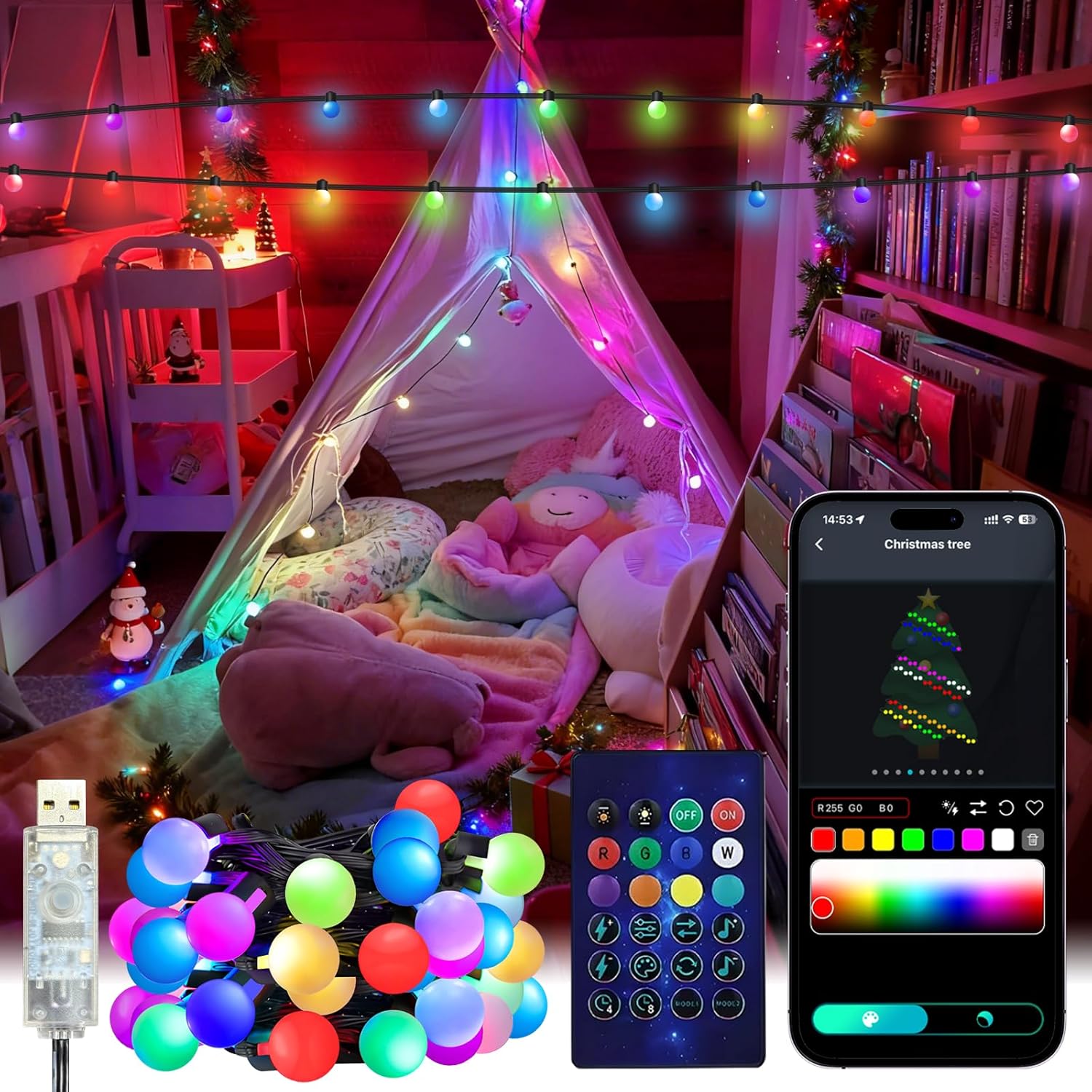 Smart Garden Light Controller - スマートグローブストリングライト 5/10M RGB カラーチェンジLEDストリングフェアリーライト アプリ＆リモコン付き ガーデンパーティー