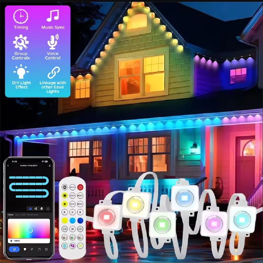Smart Garden Light Controller - 15M/30M/45M/60M/90M RGBICスマート屋根裏ライト、アプリ/リモコン付き、IP67防水、屋外ストリングライト、住宅屋根、庭園照明